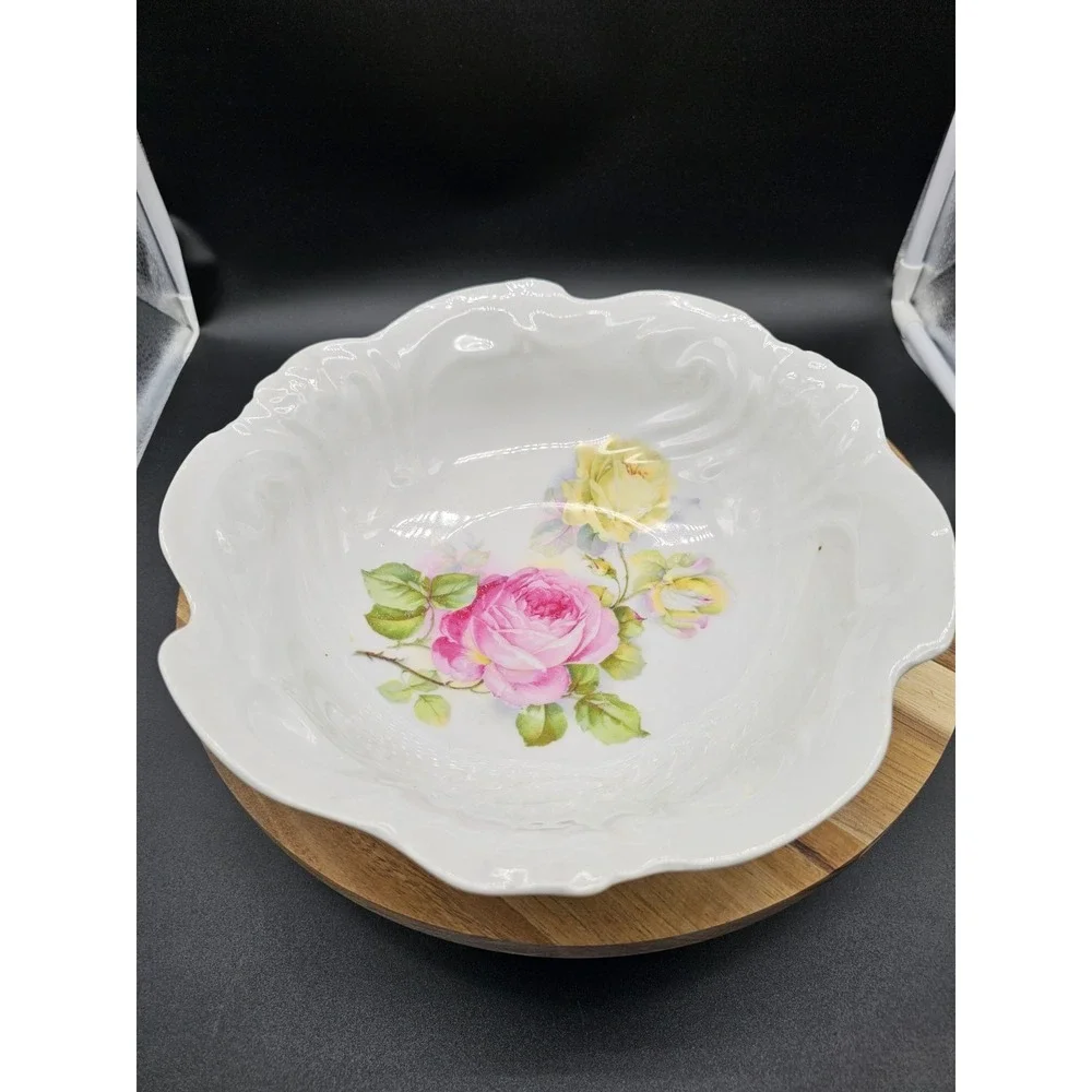 Vintage Orla Germany Porcelain Serving Bowl Pink Rose Scalloped Edge Early 1900s